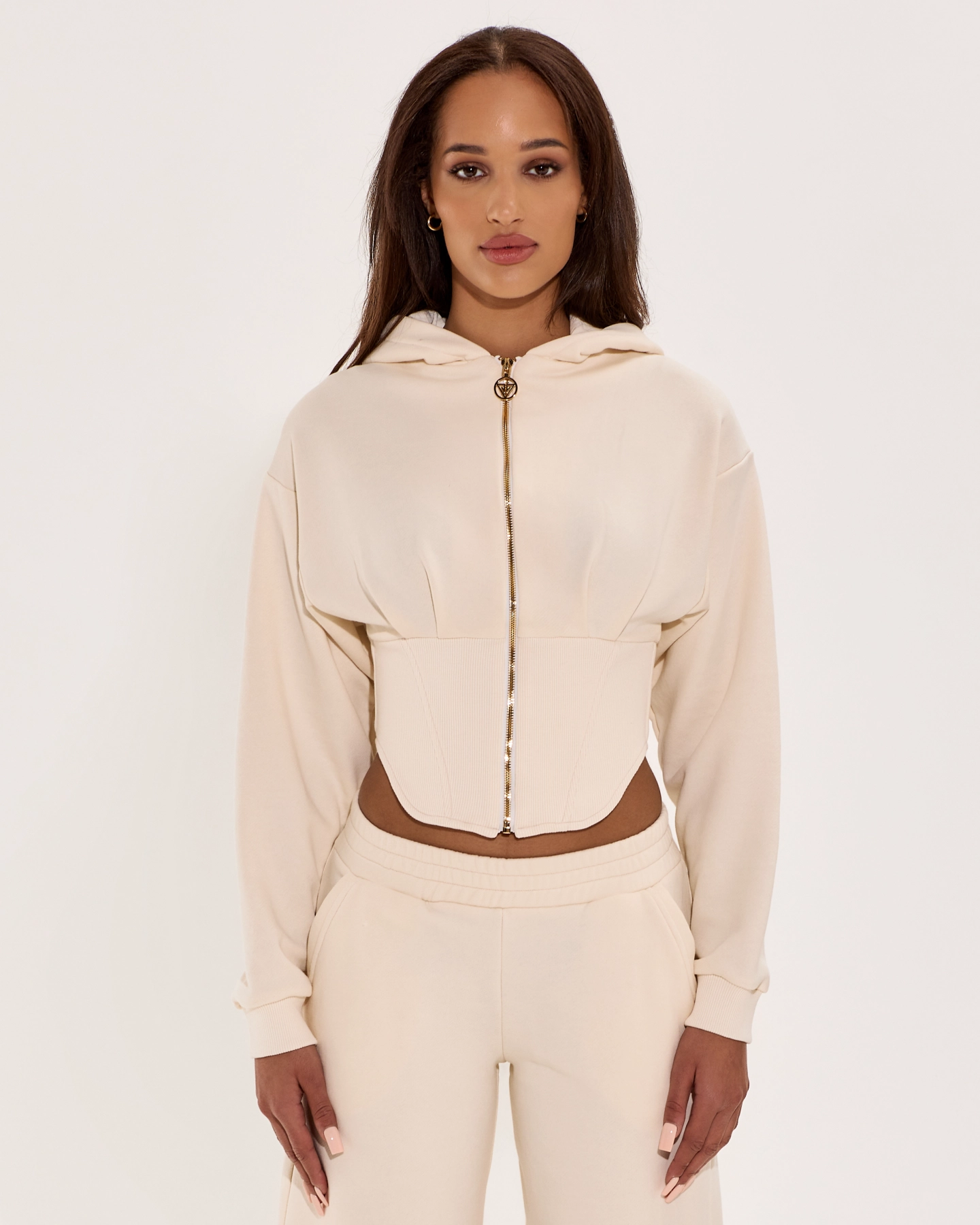 Nude Corset-style hoodie with zipper – feminine & urban chic - XS